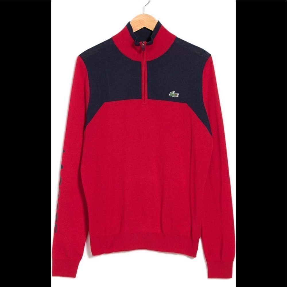 Lacoste Men’s 1/4 zip colorblock wool yoke pullover zip up sweater in red Sz XXL